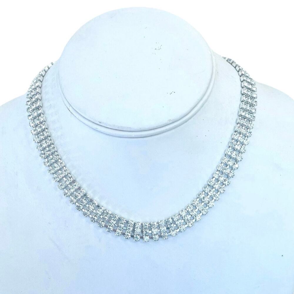 Vtg Clear Rhinestone NAPIER Necklace Multi-Row Collar Choker Tennis Riviera